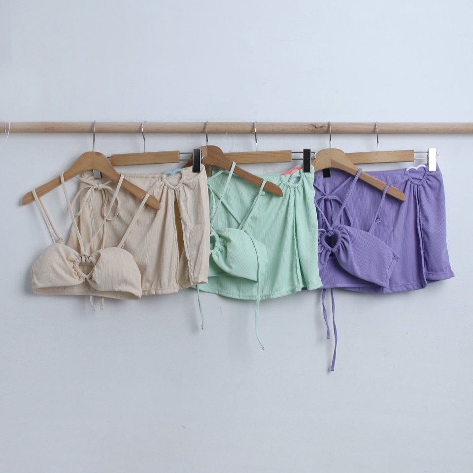 러블리 비키니 스커트 세트 3pcs 커버업 랩스커트 쓰리피스 골지 수영복 - 상세 이미지 2