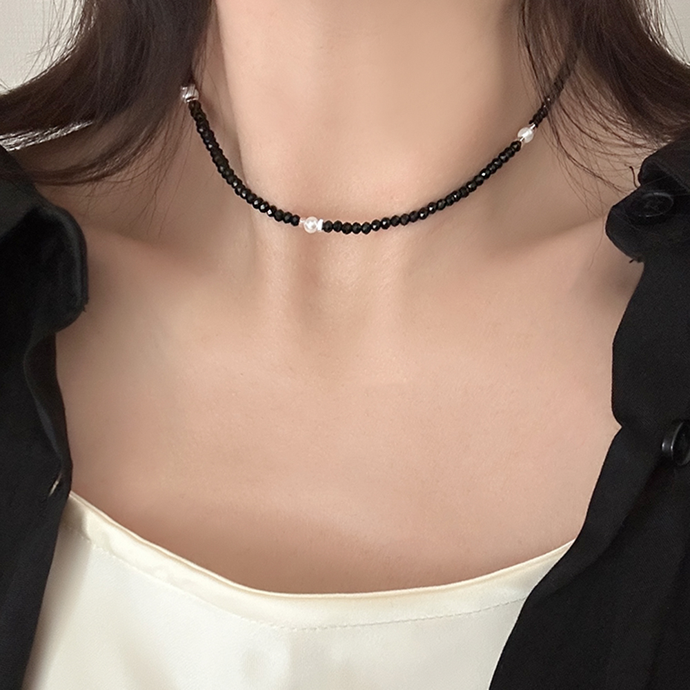 silver925 블랙 스피넬 비즈 진주 포인트 목걸이 실버925 레이어드 초커 데일리 - 상품 이미지
