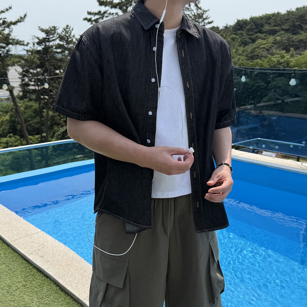 남자 르샨 오버핏 여름 워싱 데님 반팔 셔츠 빅사이즈까지 이미지 7