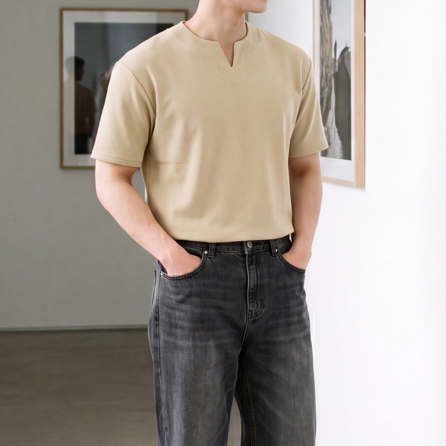 슬릿넥 남성쿨티셔츠 두꺼운반팔티 남자브이넥반팔티 - 상세 이미지 3