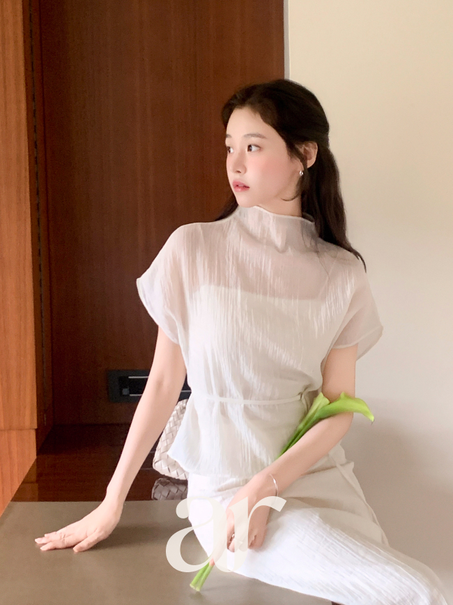 (국내제작) 벨트세트 반목 캡소매 블라우스 bs8839 - 상세 이미지 2