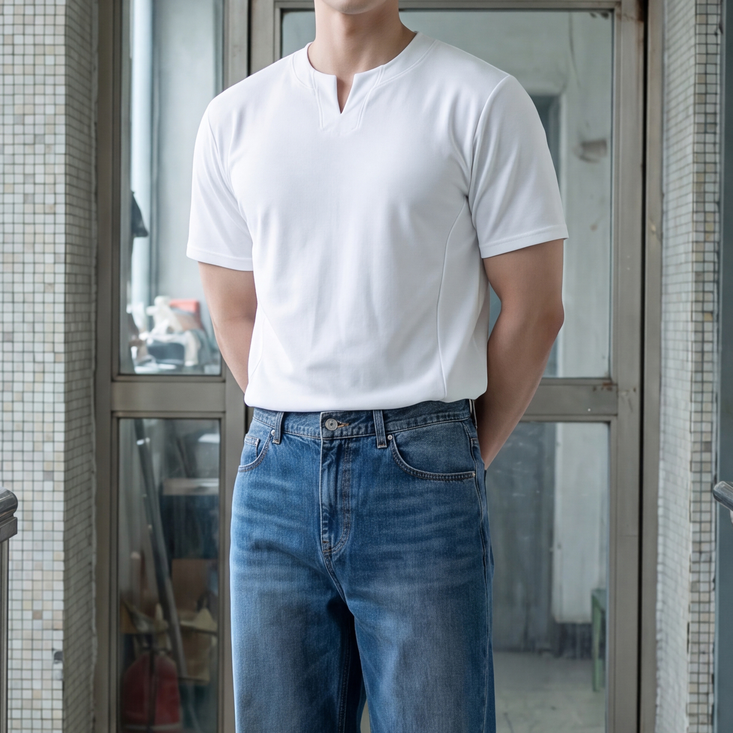 슬릿넥 남성쿨티셔츠 두꺼운반팔티 남자브이넥반팔티 - 상품 이미지