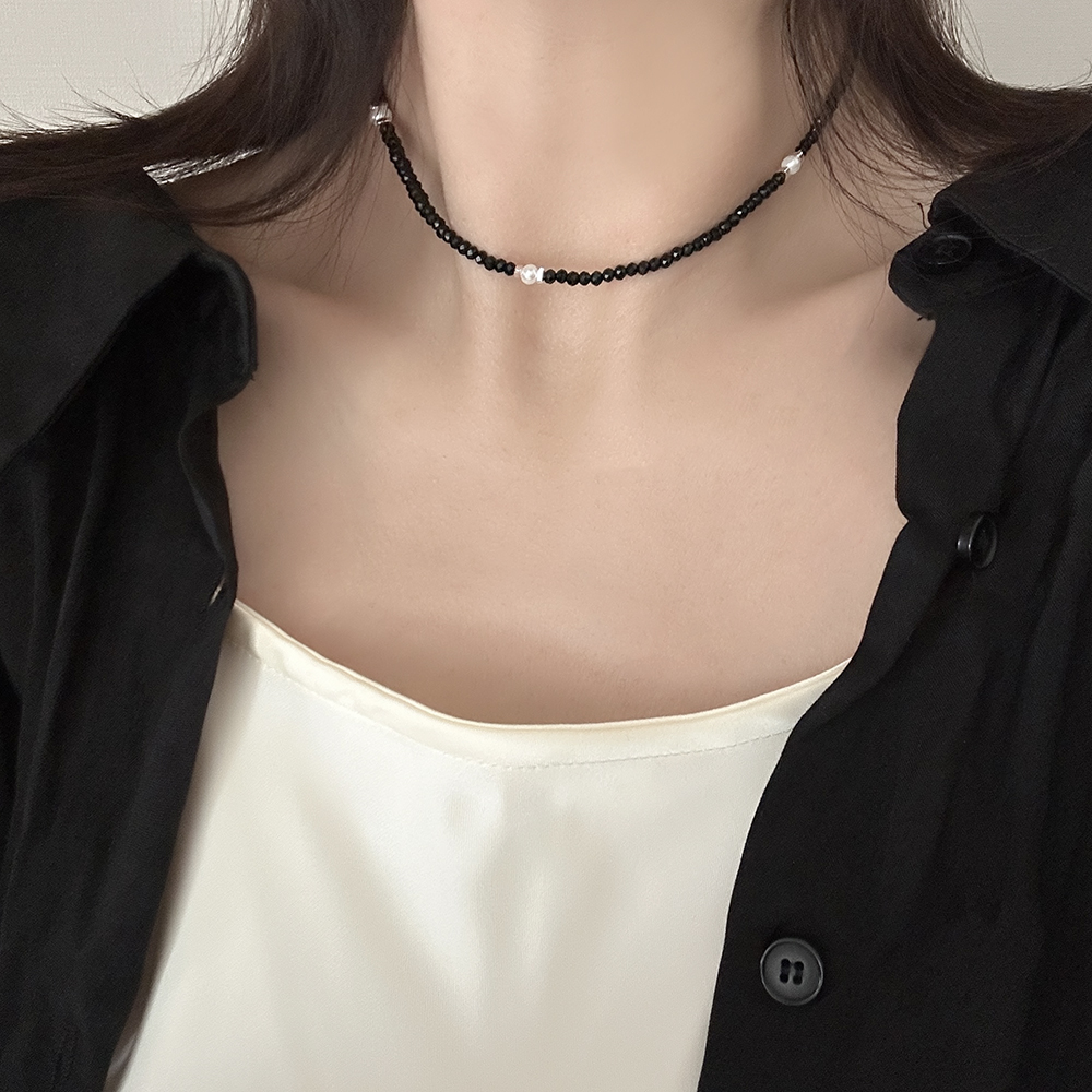 silver925 블랙 스피넬 비즈 진주 포인트 목걸이 실버925 레이어드 초커 데일리 - 상세 이미지 4
