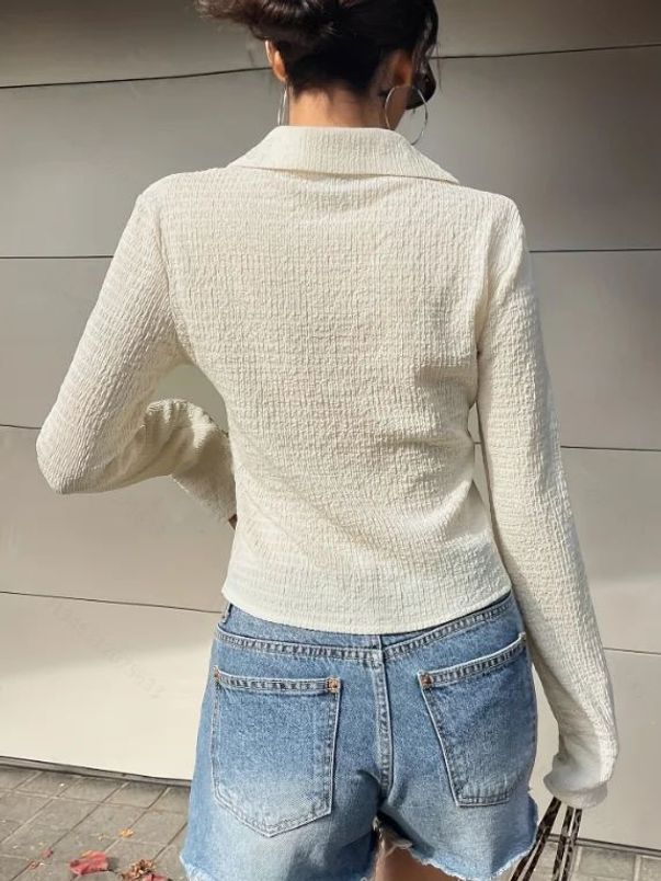 여성 트렌디 버튼업 긴팔 캐주얼 비즈니스 환경 적합한 아이보리 S - 상세 이미지 2