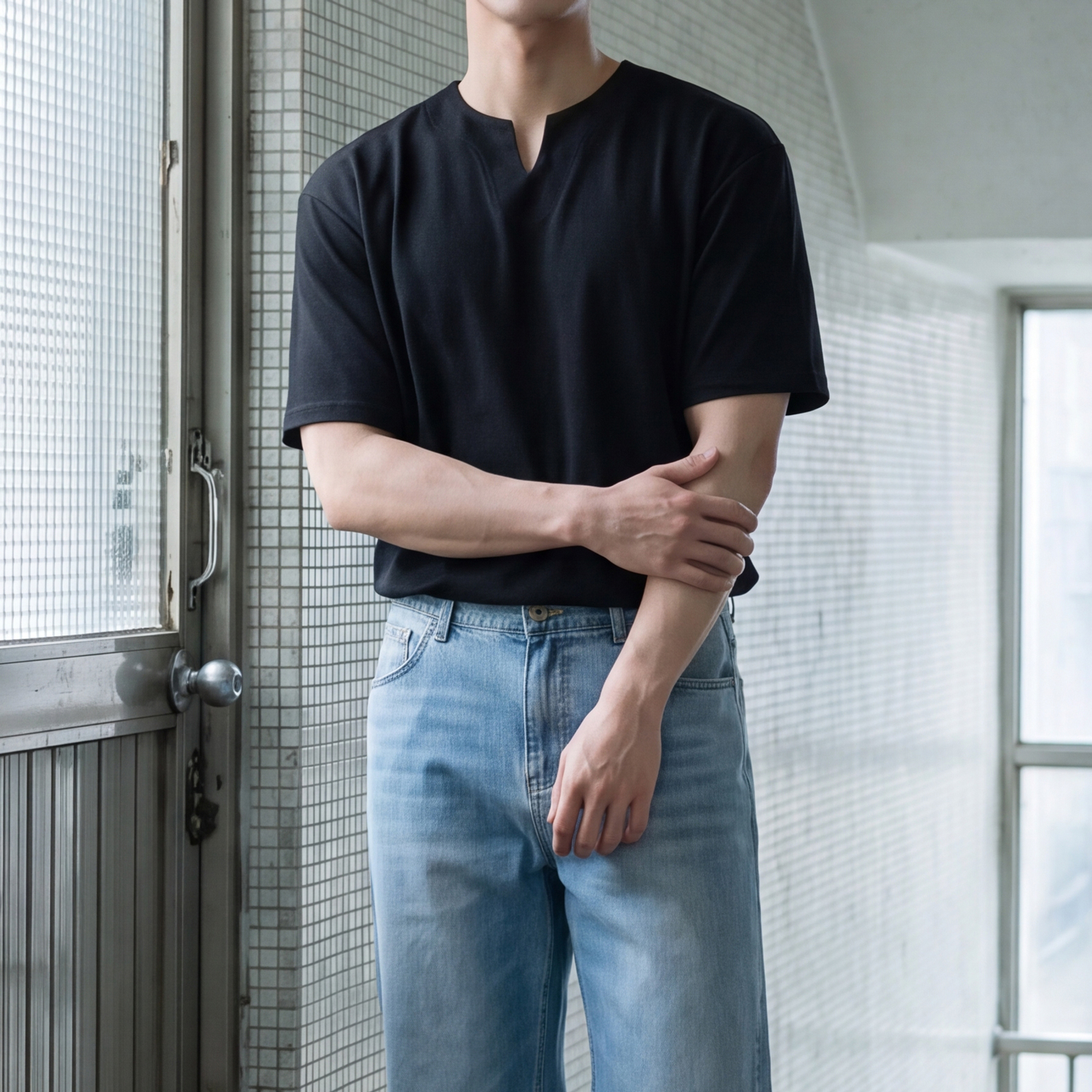 슬릿넥 남성쿨티셔츠 두꺼운반팔티 남자브이넥반팔티 - 상세 이미지 2