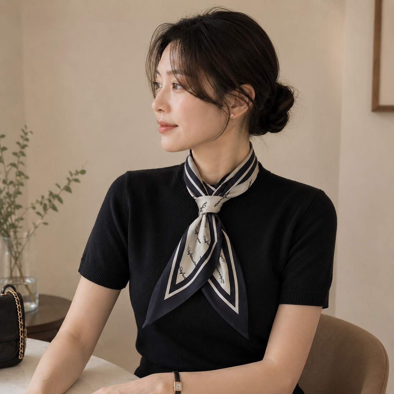 중년여성 봄 여름 인견 프렌치 롱 스카프 래터링 모임룩 - 상세 이미지 4