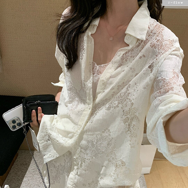 엘이 레이스자수 시스루 오버핏 셔츠 반바지 세트 1col 여름 투피스 루즈핏 제이플로우 이미지 6