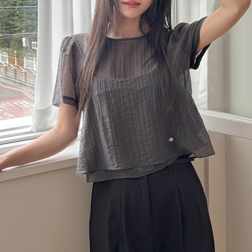 텐셀 레이어드 퍼프소매 뷔스티에 세미크롭 블라우스 세트 - 상세 이미지 4