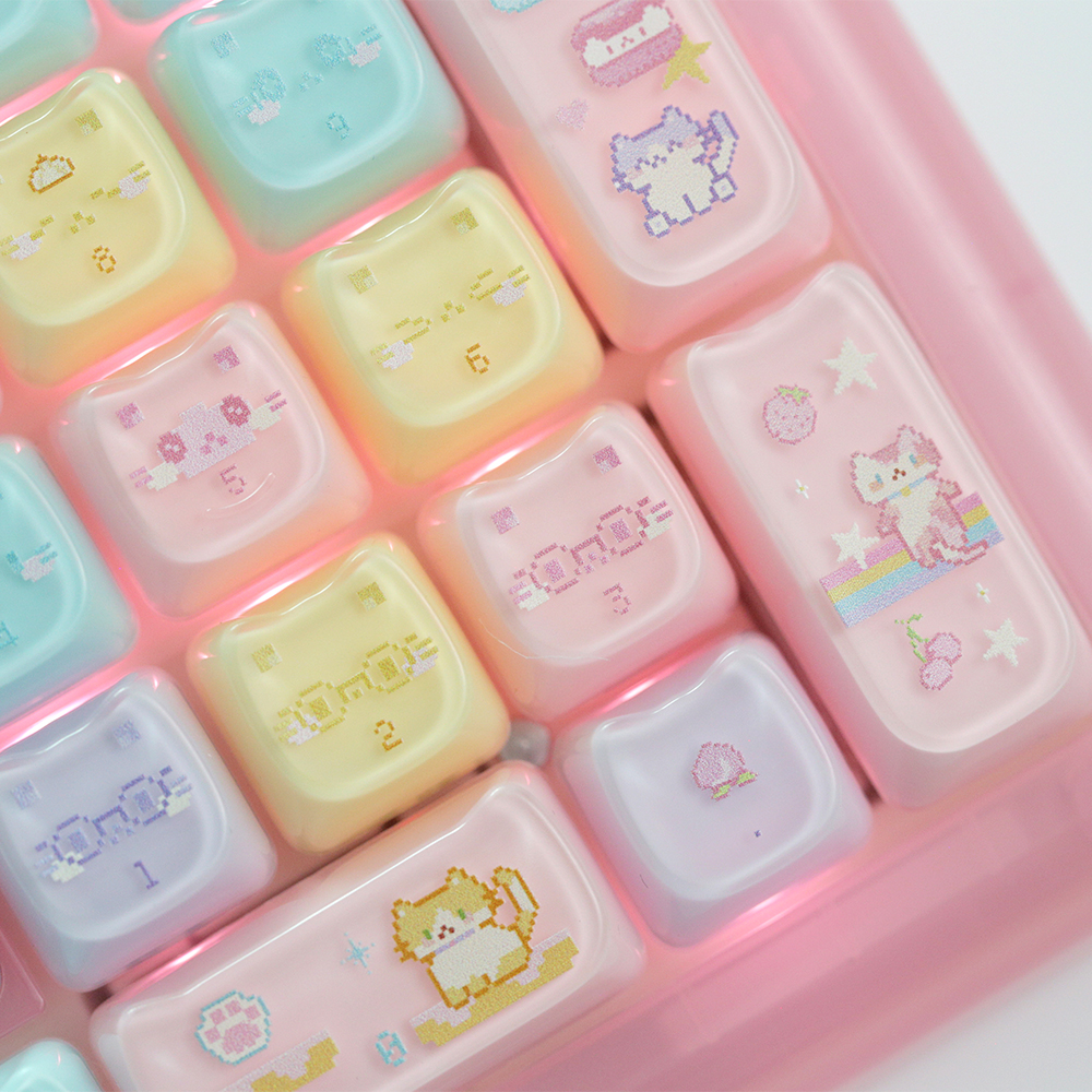 Soulcat 고함량 PBT + PC 투명 레이어 크리스탈 키캡 134키 (쫑긋 고양이 마카롱) - 상세 이미지 5