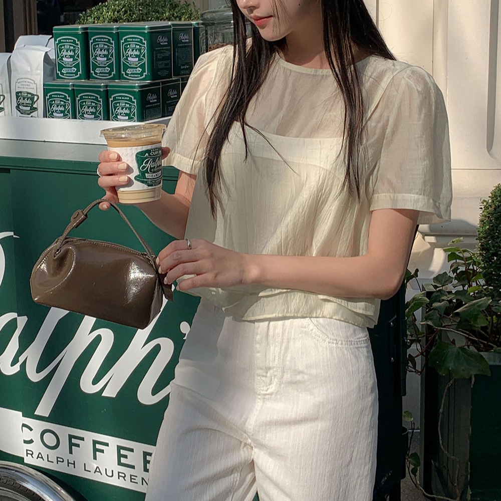 텐셀 레이어드 퍼프소매 뷔스티에 세미크롭 블라우스 세트 - 상세 이미지 2