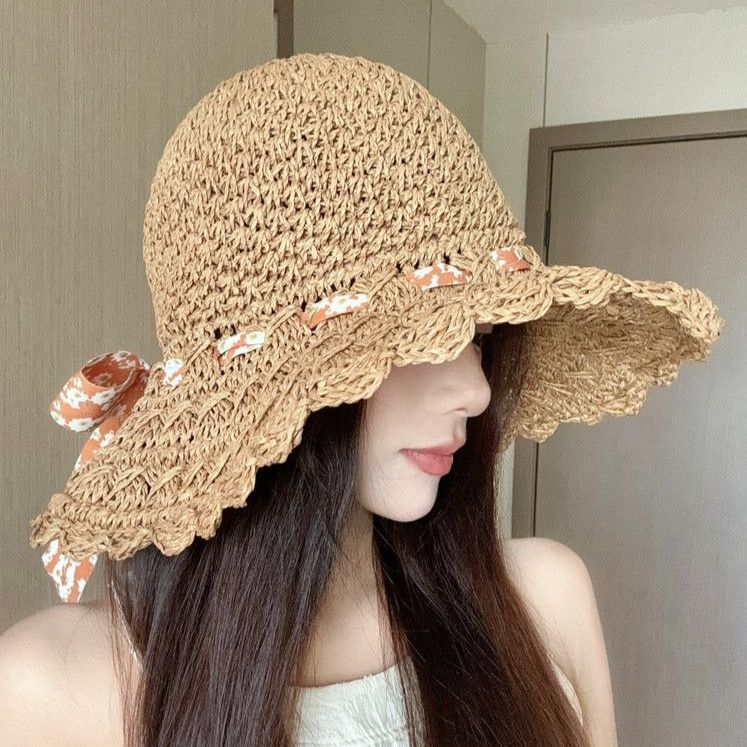 여성 밀짚 버킷햇 여름 와이드챙 자외선 차단 비치 여행 썬햇 - 상품 이미지