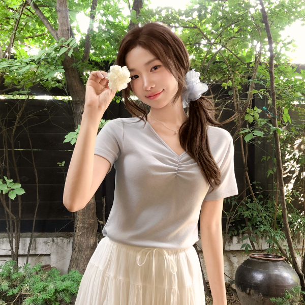 (국내제작) 브이넥 셔링 반팔 티셔츠 ts5069 - 상품 이미지