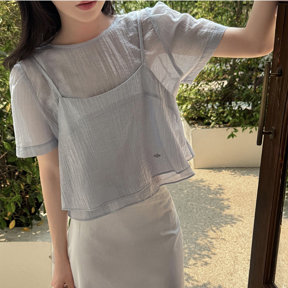 텐셀 레이어드 퍼프소매 뷔스티에 세미크롭 블라우스 세트 이미지 8