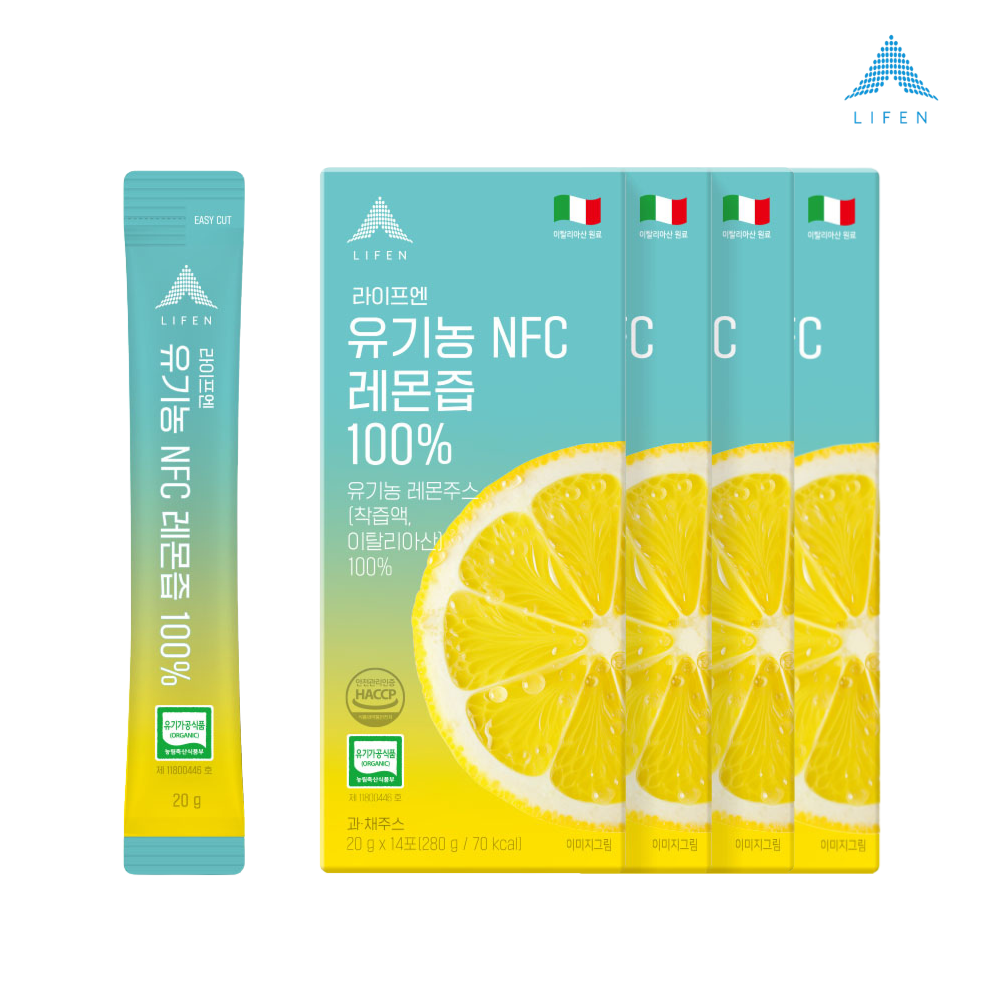 라이프엔 유기농 NFC 착즙 레몬즙 100% 레몬물 효능 20gx14포 14포, 4개 - 상품 이미지