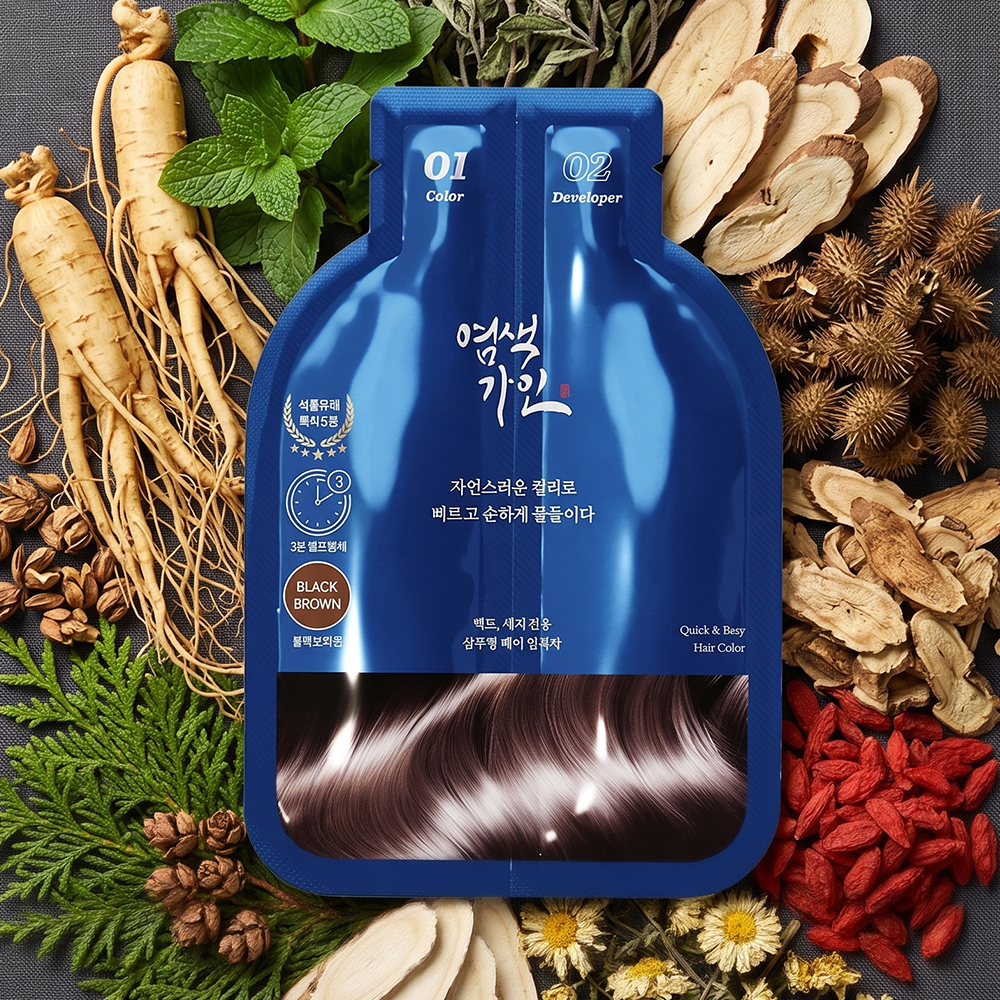 염색 가인 헤어 새치 염색약 샴푸형 3분 셀프 저자극 일회용 내추럴블랙 15회분 상품 이미지