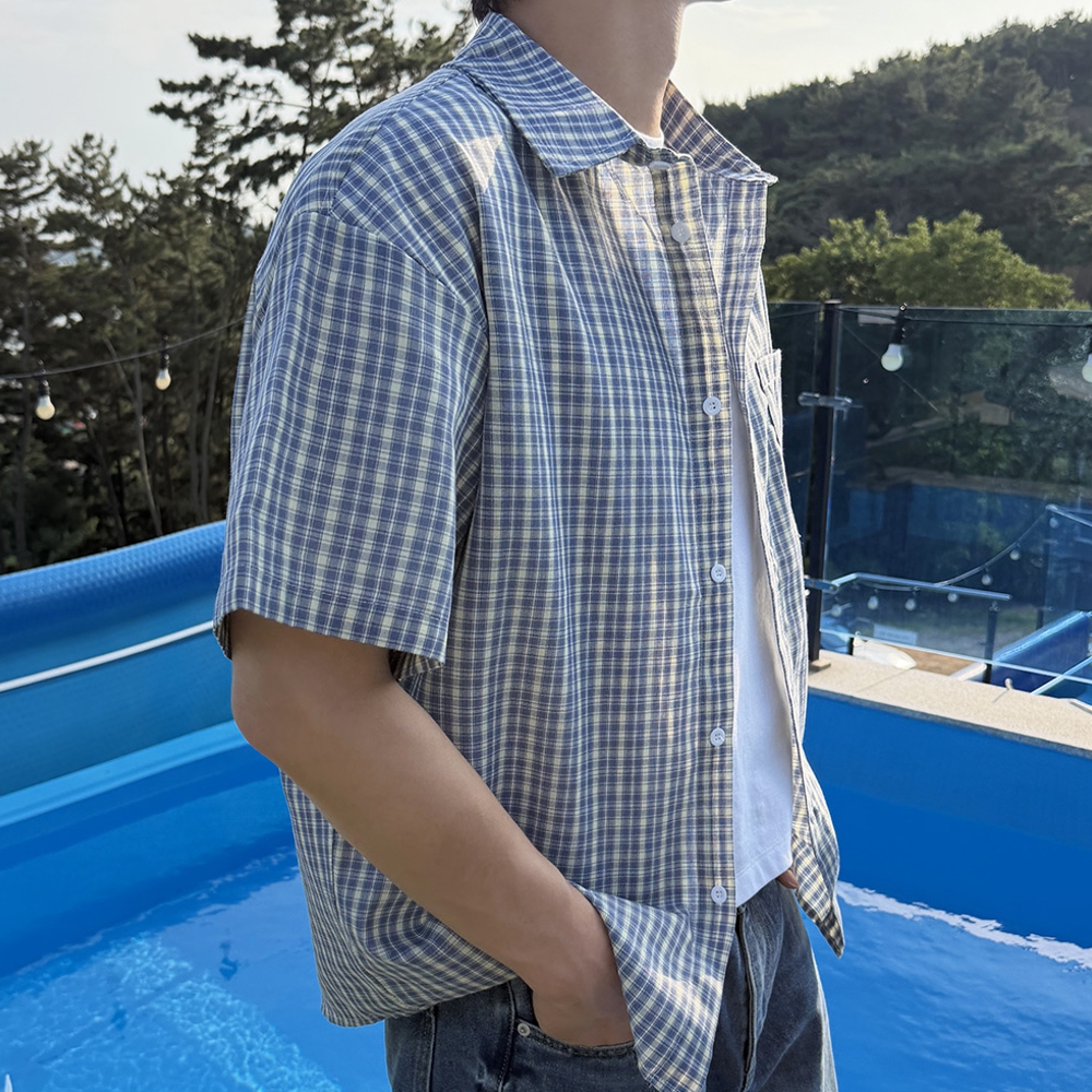 남자 옐다 오버핏 여름 고방 체크 반팔 셔츠 남방 - 상세 이미지 5