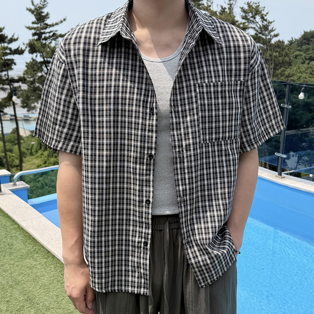 남자 옐다 오버핏 여름 고방 체크 반팔 셔츠 남방 - 상세 이미지 4