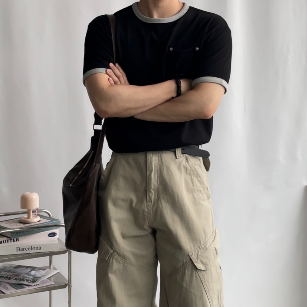 남자링거티 머슬핏링거티 포켓 랍빠 남자면티 배색티셔츠 - 상세 이미지 3