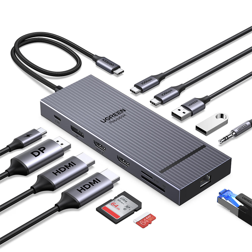 유그린 12in1 트리플 멀티 디스플레이 레보독 HDMI DP 랜카드 TF SD 카드 리더기 USB3.2 10Gbps 멀티 허브 도킹스테이션 CM886-55767 - 상품 이미지