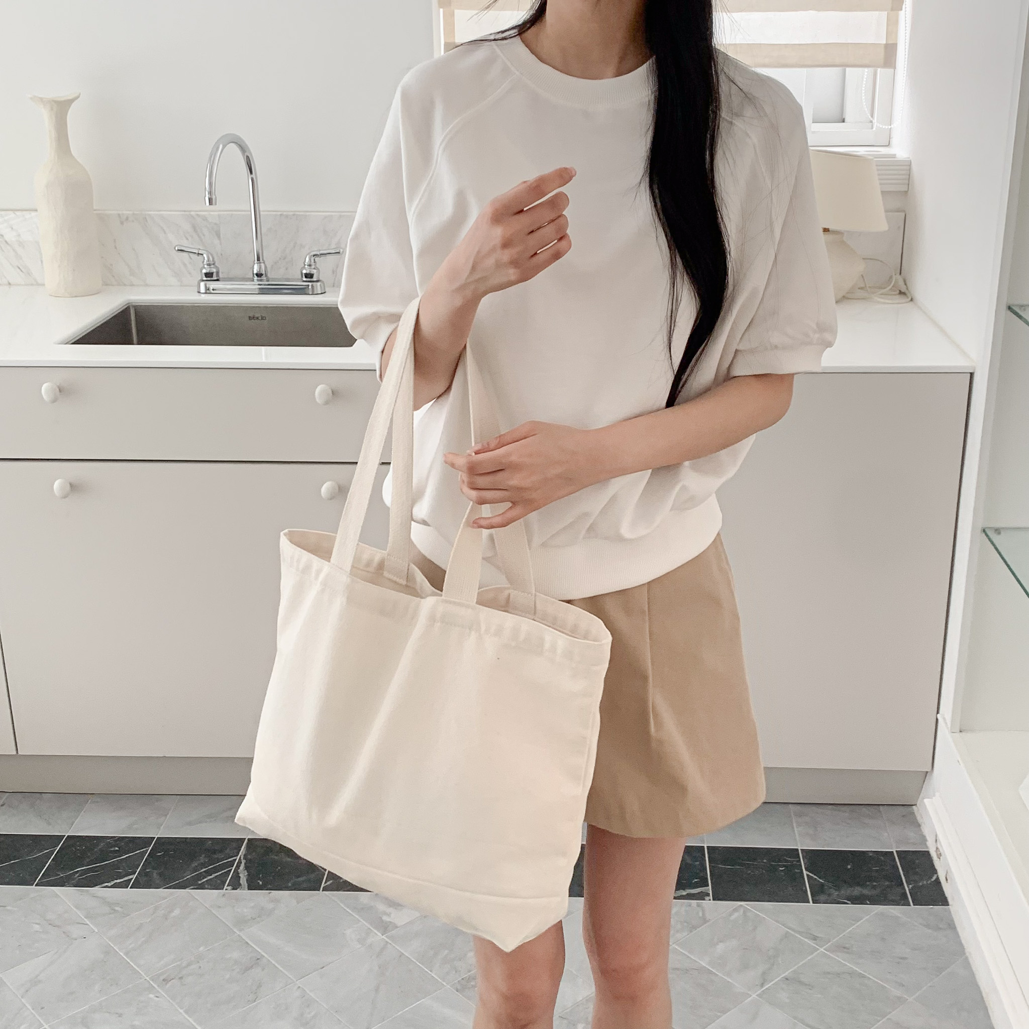 여성 나그랑 베이직 무지 반팔 맨투맨 데일리룩 오버핏 스웨트셔츠 - 상세 이미지 3