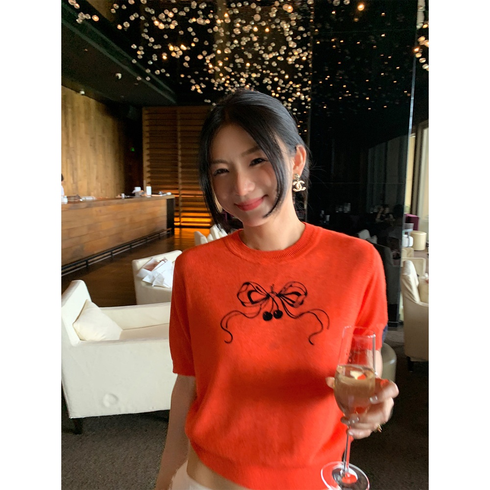 리본체리포인트 아이스실크 얇은반팔니트 라운드넥 뒷부분선디자인 튀는 색상 여름 레드오렌지 - 상세 이미지 2