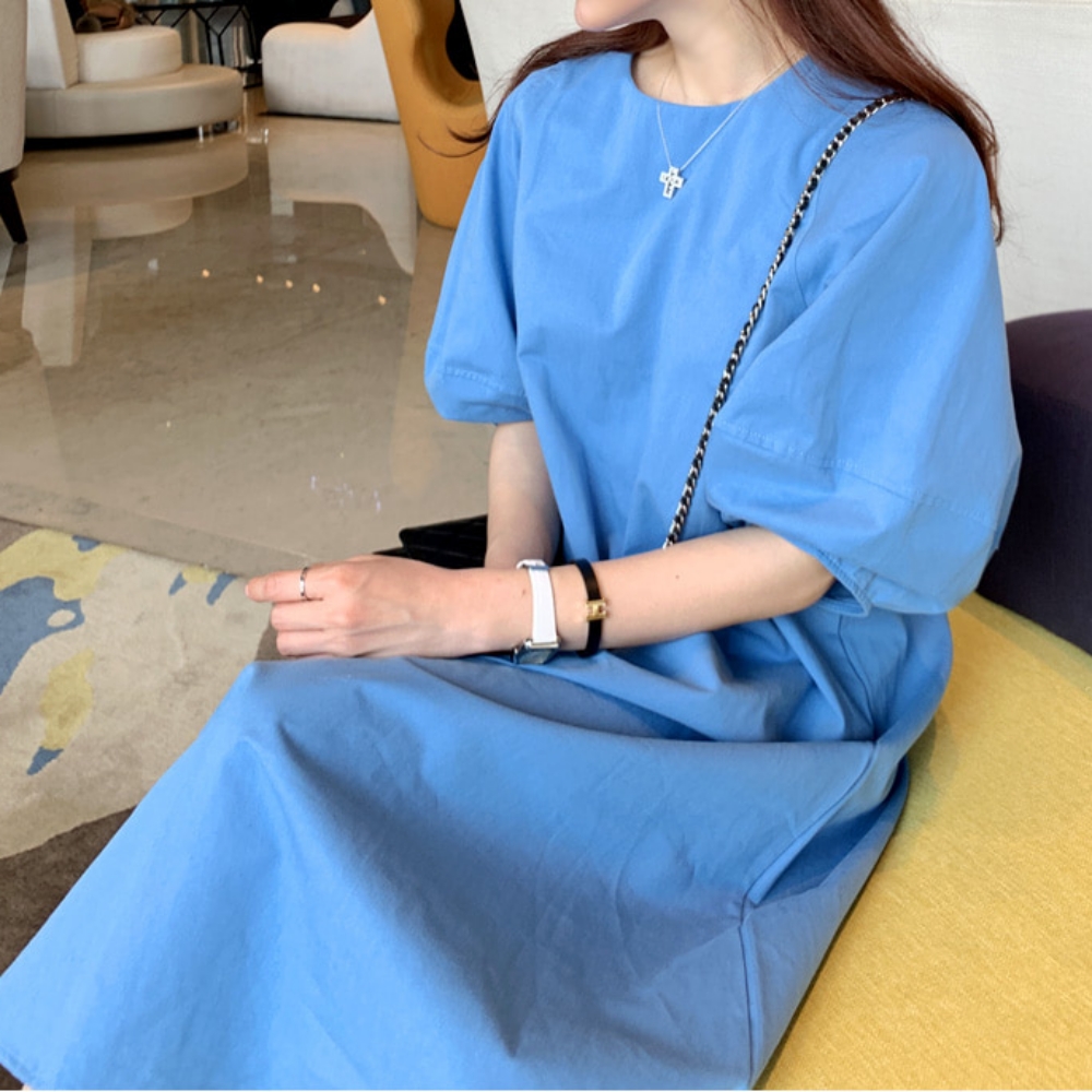 A라인원피스 퍼프원피스 바스락 롱 루즈핏 여름 볼륨소매 블루 베이지 - 상세 이미지 2