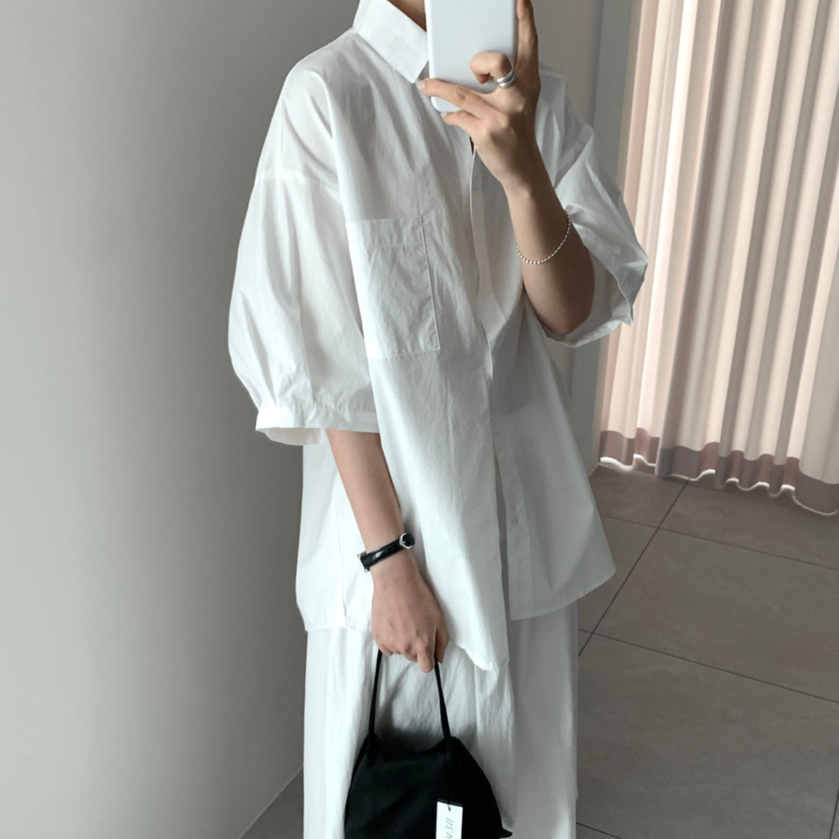 네이버 베른 코튼 셔츠 오버핏 소매 핀턱 블라우스