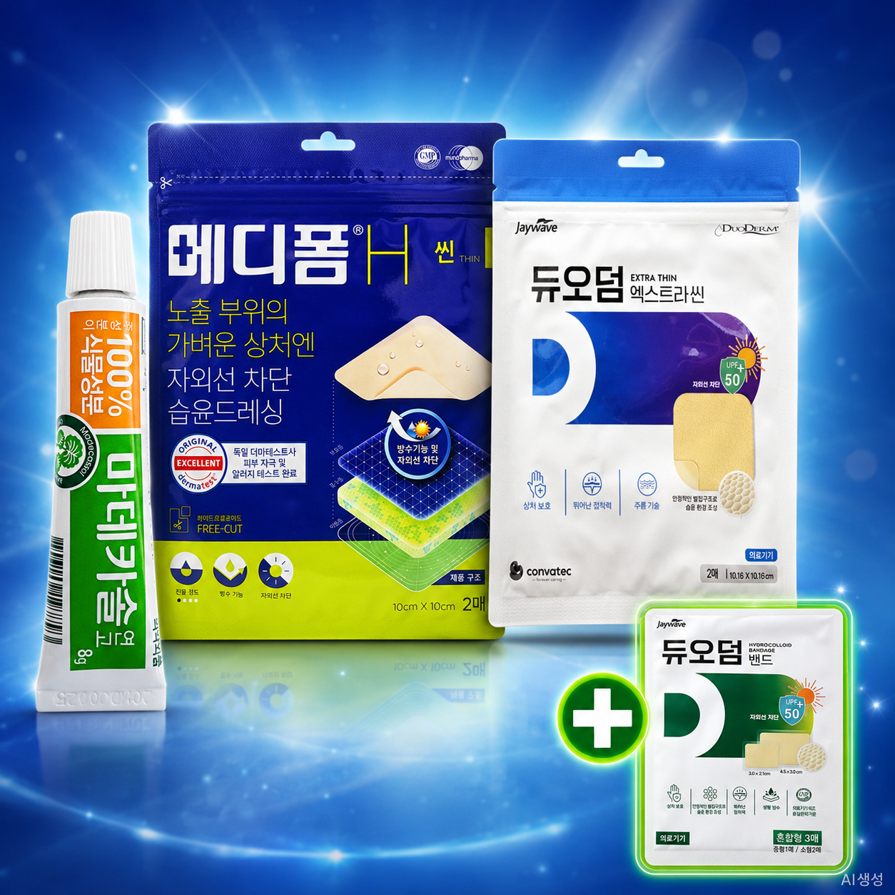 메디폼H씬+듀오덤 엑스트라씬 2매+마데카솔 연고 여드름패치 교체시기 화상 진물 상처 겔밴드 상품 이미지