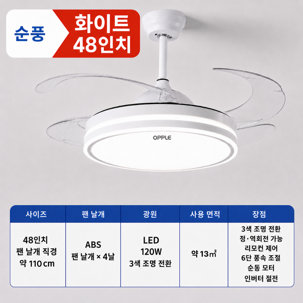 순풍 풍량조절 천장형 실링팬 천정 선풍기 조명 안방 거실 천정형환풍기 화이트 48인치 - 상세 이미지 2