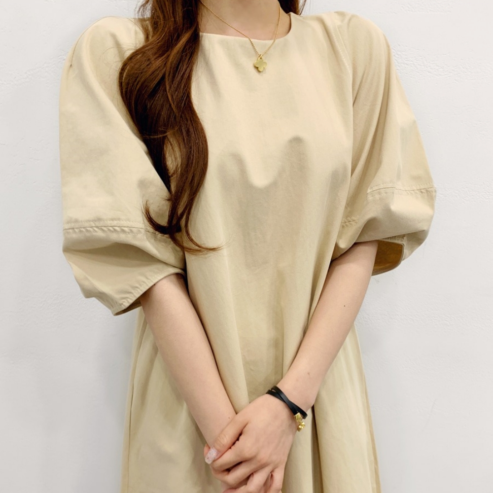 A라인원피스 퍼프원피스 바스락 롱 루즈핏 여름 볼륨소매 블루 베이지 - 상세 이미지 4