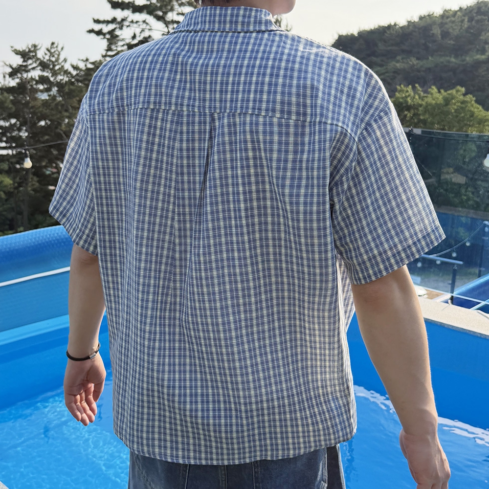 남자 옐다 오버핏 여름 고방 체크 반팔 셔츠 남방 이미지 7