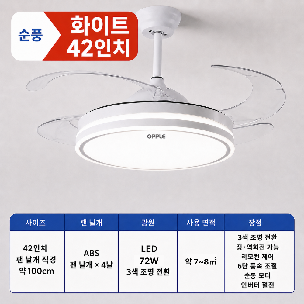 순풍 풍량조절 천장형 실링팬 천정 선풍기 조명 안방 거실 천정형환풍기 화이트 42인치 - 상세 이미지 2