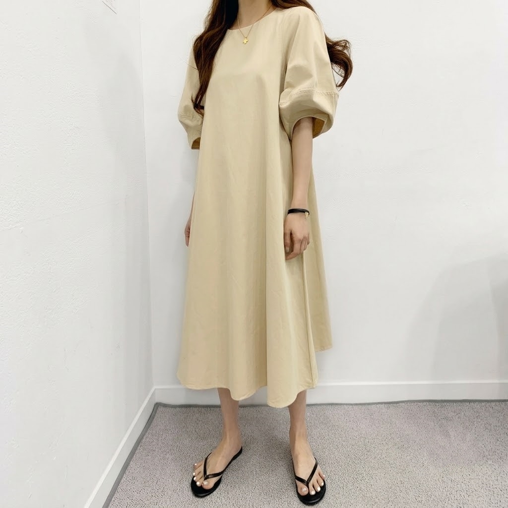A라인원피스 퍼프원피스 바스락 롱 루즈핏 여름 볼륨소매 블루 베이지 - 상세 이미지 3