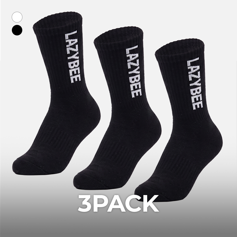 [3PACK] 에센셜 쿠셔닝 스포츠 크루 삭스 남녀공용 장목 긴 양말 블랙 - 상품 이미지