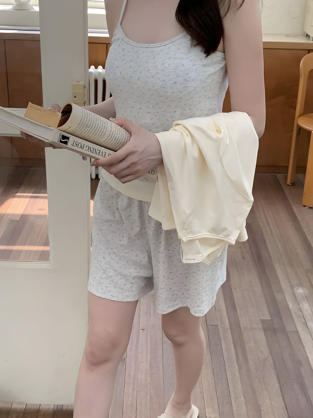 컴피 캡내장잠옷 여름홈웨어 로앤 가디건 캡나시 반바지 3피스 파자마 - 상품 이미지