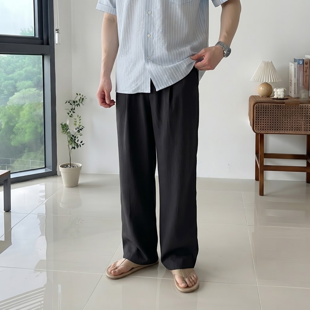 1+1 남자 린넨 라이크 투턱 와이드 밴딩 팬츠 3color - 상세 이미지 4
