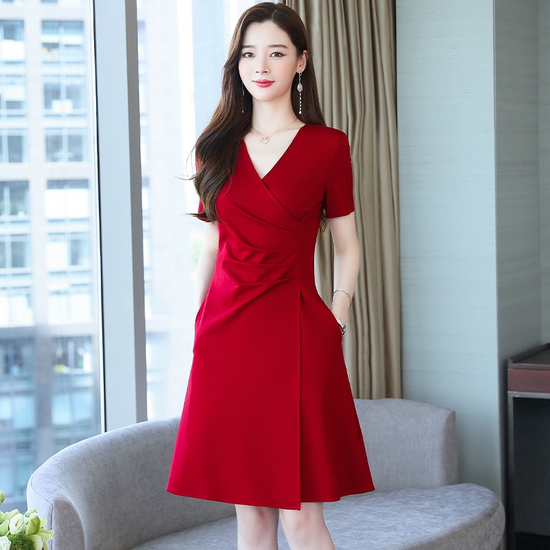 여름 브이넥 랩스타일 반팔 원피스 A라인 허리셔링 체형커버 하객룩 - 상세 이미지 2