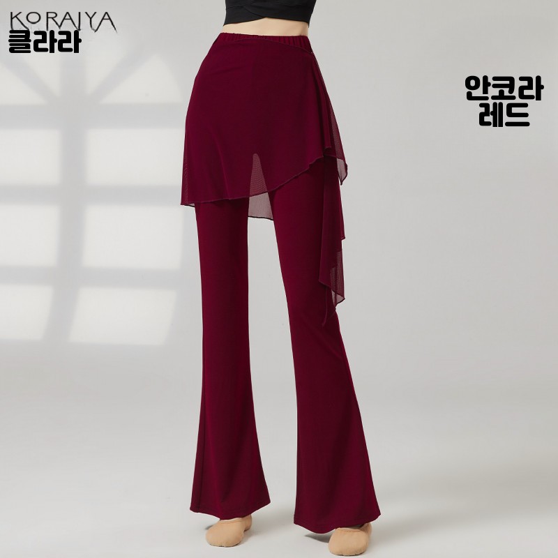 스트레칭 무용 발레 라인댄스복 팬츠 부츠컷 디자인 랩 쉬폰 신축성 블랙 S - 상세 이미지 5