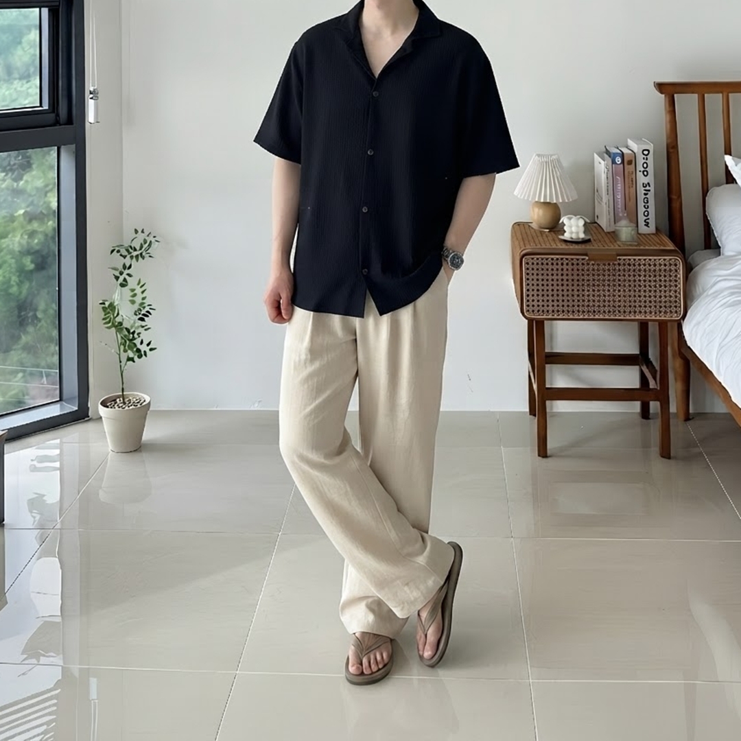 1+1 남자 린넨 라이크 투턱 와이드 밴딩 팬츠 3color 이미지 7