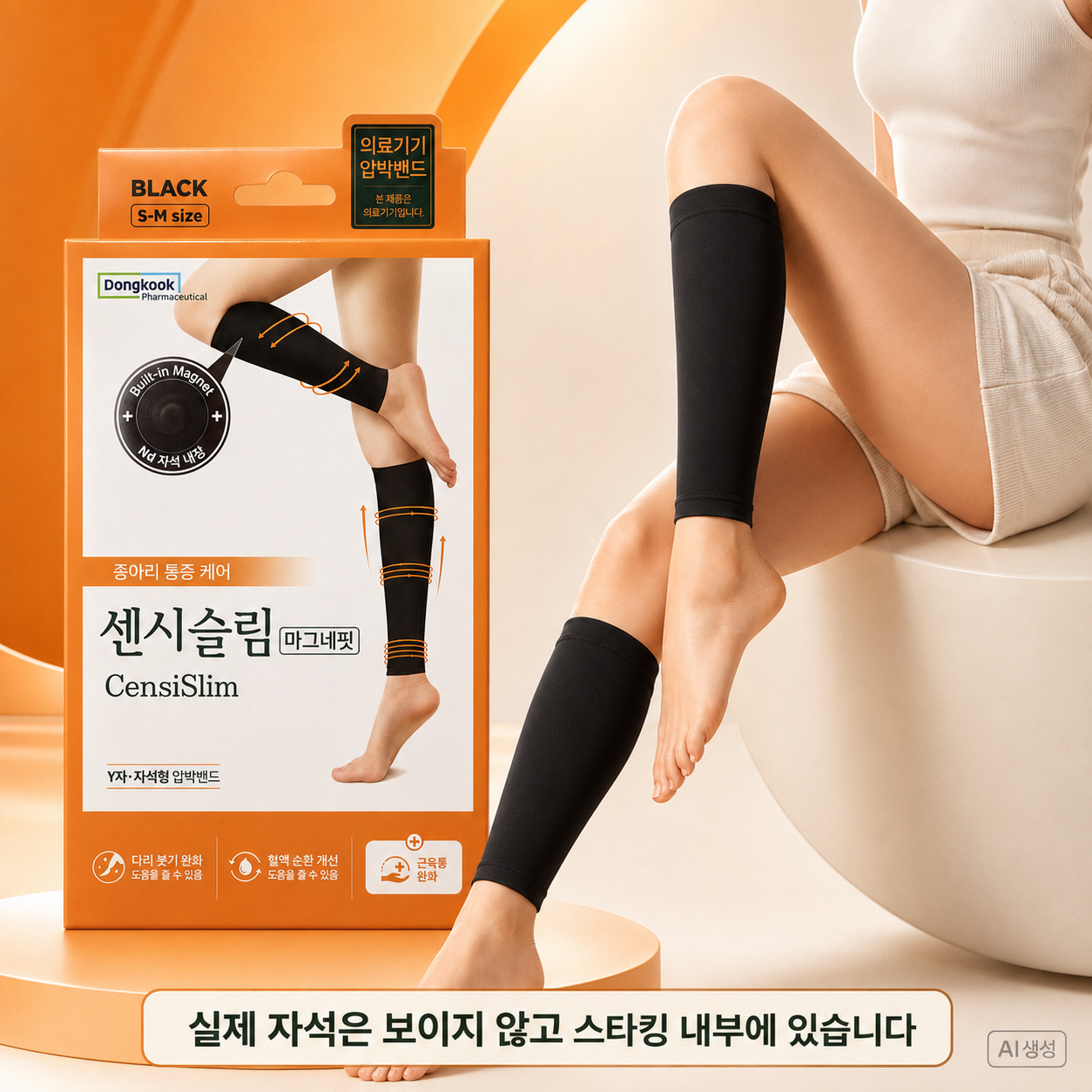 [1등급 의료기기]동국제약 센시슬림 마그네핏 의료용 압박스타킹 종아리 무릎형 압박밴드 블랙 - 상세 이미지 2