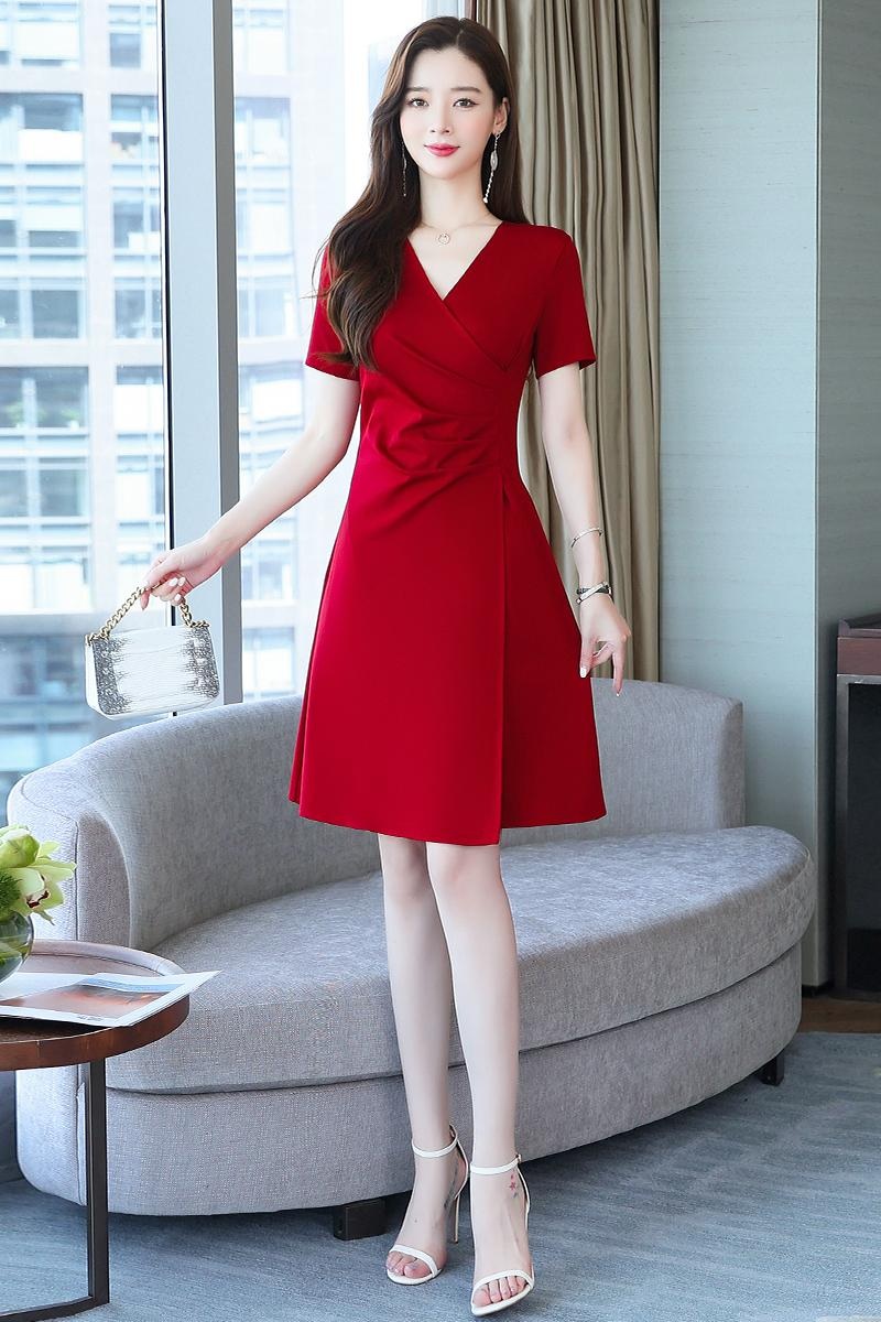 여름 브이넥 랩스타일 반팔 원피스 A라인 허리셔링 체형커버 하객룩 이미지 6