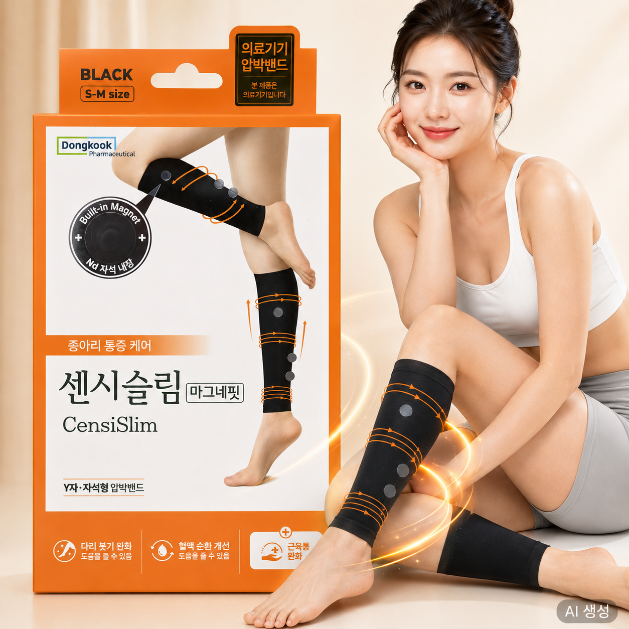 [1등급 의료기기]동국제약 센시슬림 마그네핏 의료용 압박스타킹 종아리 무릎형 압박밴드 블랙 - 상품 이미지
