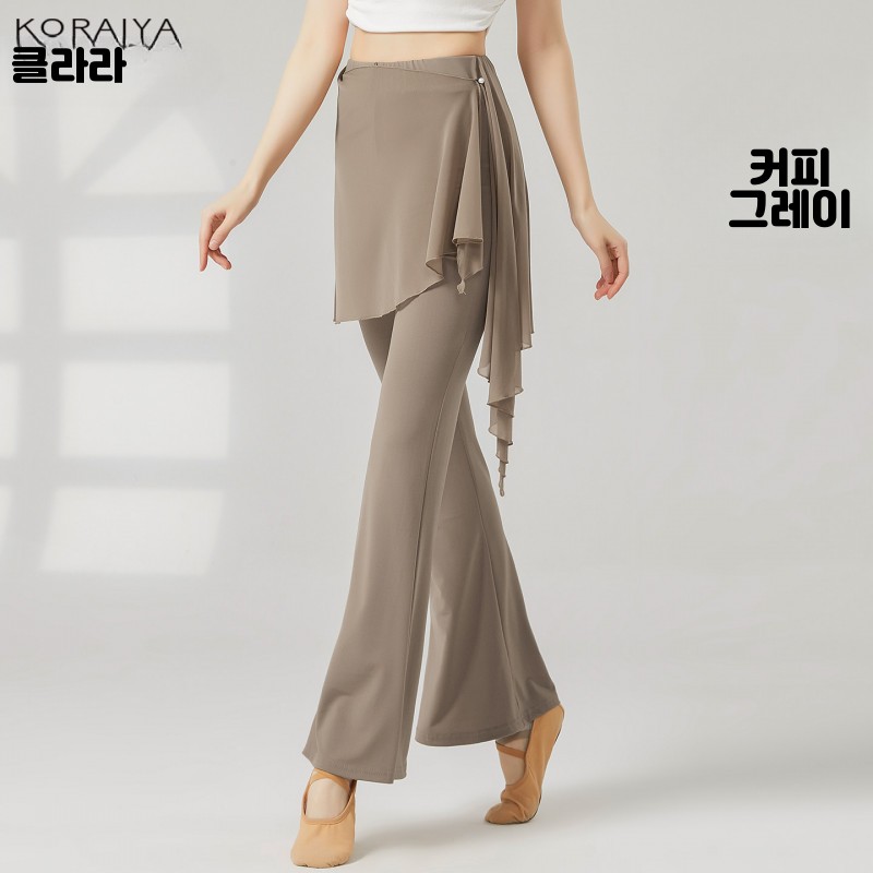 스트레칭 무용 발레 라인댄스복 팬츠 부츠컷 디자인 랩 쉬폰 신축성 블랙 S - 상세 이미지 4