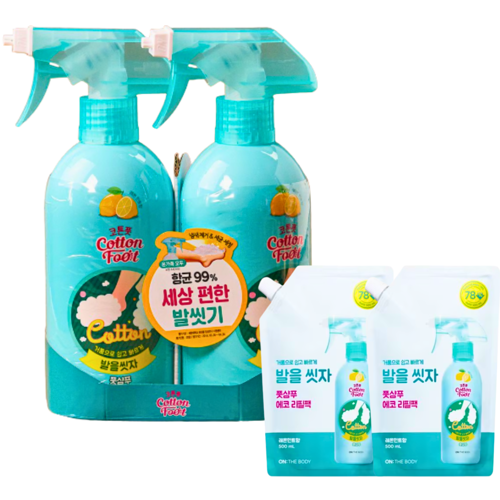 온더바디 코튼풋 발을씻자 풋샴푸 레몬 385ml x2개+리필 500ml x2개 - 상품 이미지