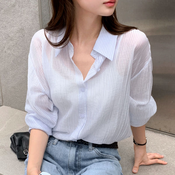 아뜨랑스 스트라이프 루즈핏 시스루 긴팔 셔츠 bs8860