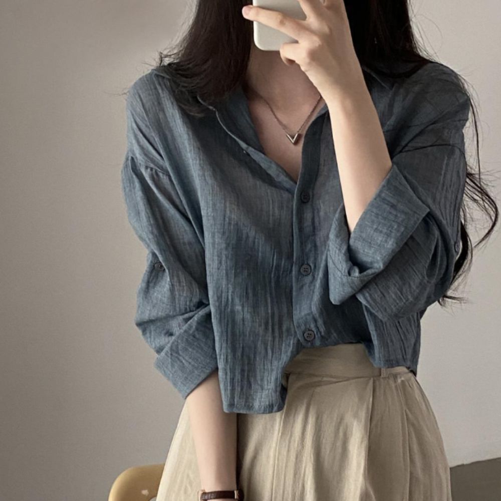 시스루남방 여름셔츠 세미크롭 얇은 루즈핏 링클 셔츠 이미지 7
