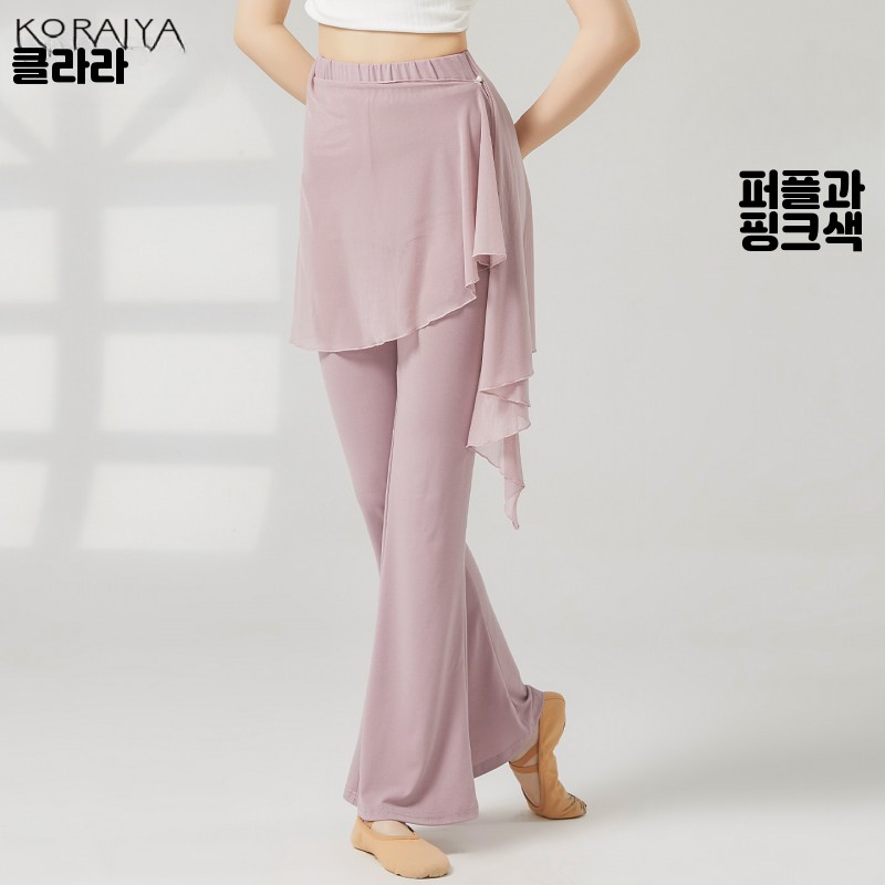스트레칭 무용 발레 라인댄스복 팬츠 부츠컷 디자인 랩 쉬폰 신축성 블랙 S - 상세 이미지 2