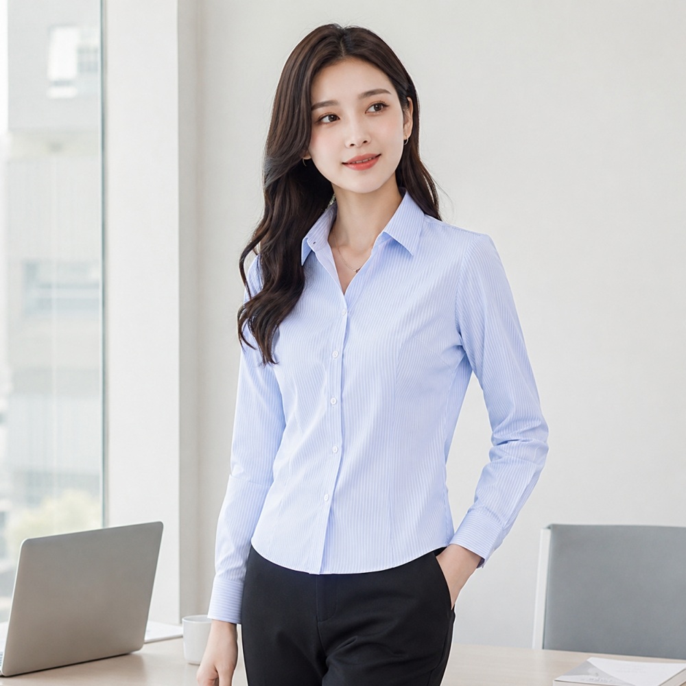 여성 슬림핏 스트라이프 긴팔 셔츠 오피스룩 면접 통근 블라우스 - 상품 이미지