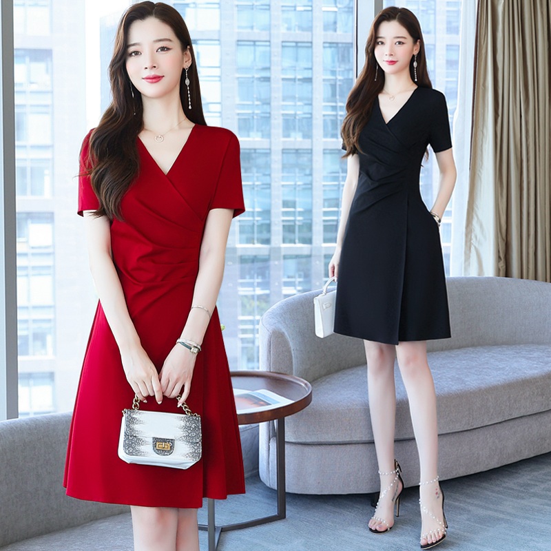 여름 브이넥 랩스타일 반팔 원피스 A라인 허리셔링 체형커버 하객룩 - 상품 이미지