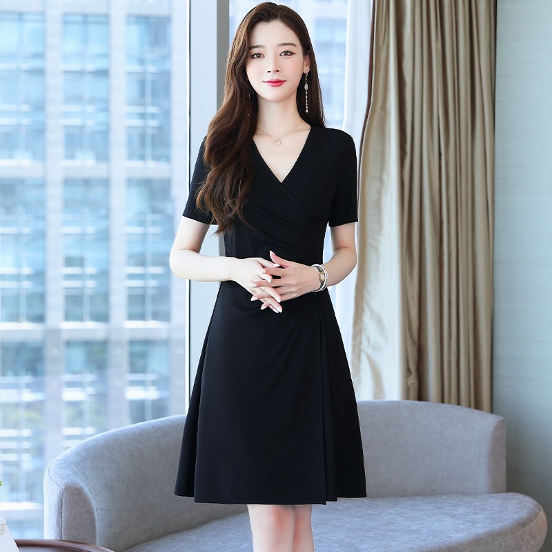 여름 브이넥 랩스타일 반팔 원피스 A라인 허리셔링 체형커버 하객룩 - 상세 이미지 3